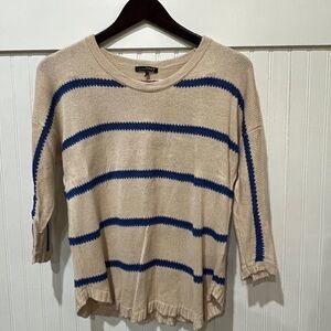 Stylish Tan and Blue Striped Crew Neck Sweater. Preppy, bib waist. Size M